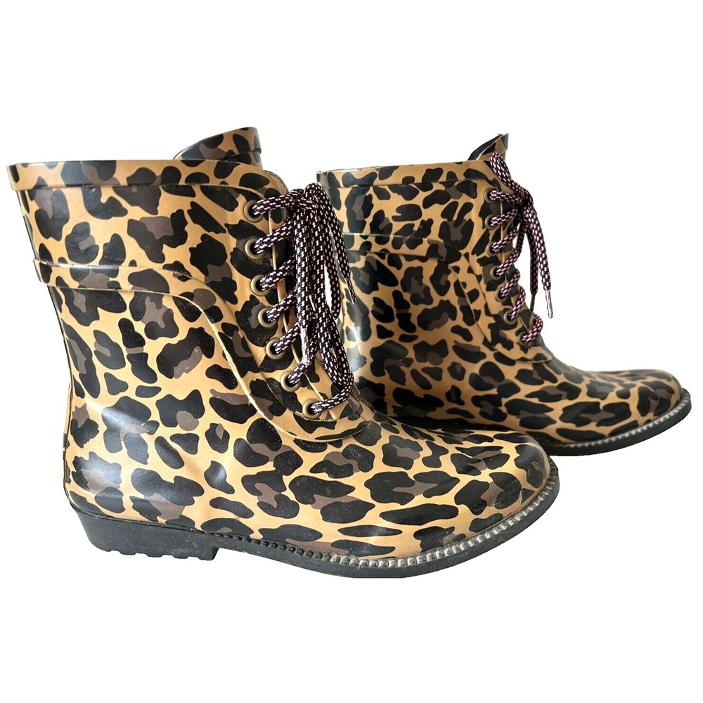 J Crew Leopard Print Lace Up Rain Boots 7 Matte Rubber Ankle Waterproof Run Smll